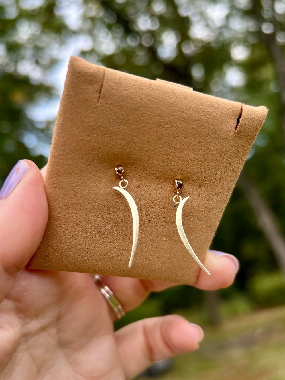 10k Gold Earrings Ruby Gemstone Stud w Crescent Dangle - Cool girl